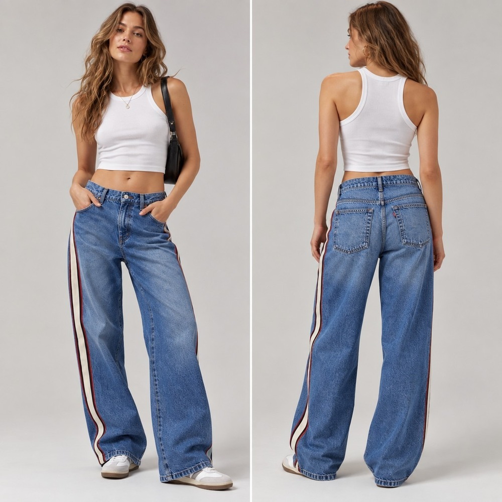 Urban Outfitters Bella Baggy Jeans Side Stripe High-rise Denim Blue Streetwear